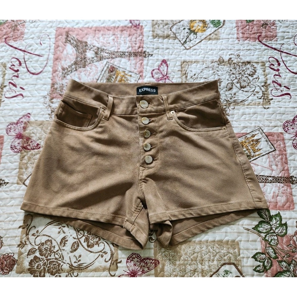 Express Women's Camel Tan Faux Suede High Rise Button Up Shorts Size 2